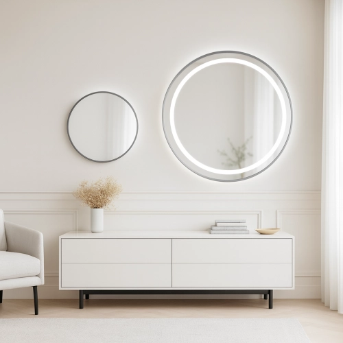 Zestaw okrągłych luster piaskowanych w ramie czarnej MDF SLIM z podświetleniem STELLA LED - kolor ramy do wyboru